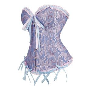 New corset top Victorian  pink blue brocade metal stays L Princess Halloween